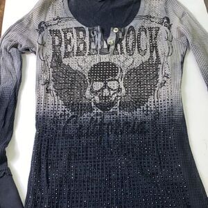 Voice of California Y2K skull blinged out ombre waffle knit shirt top M
